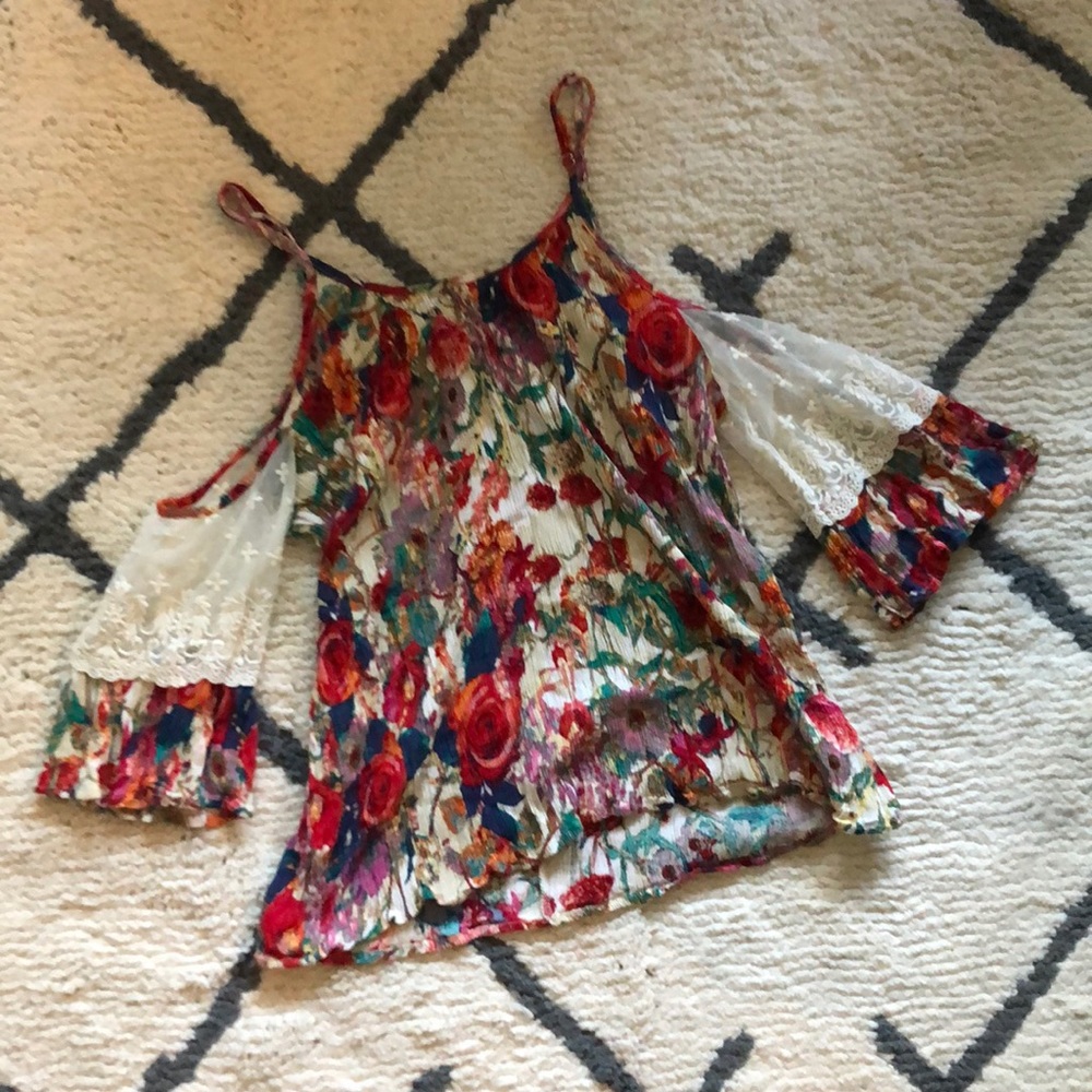 Floral and Lace Cold Shoulder Blouse